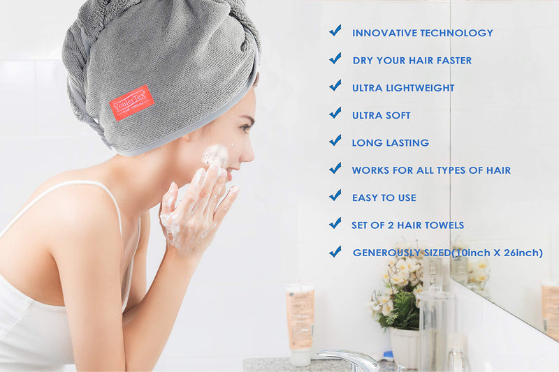 [Australia] - YoulerTex Microfiber Hair Towel Wrap for Women, 2 Pack 10 inch X 26 inch, Super Absorbent Quick Dry Hair Turban for Drying Curly, Long & Thick Hair(Gray) Gray 