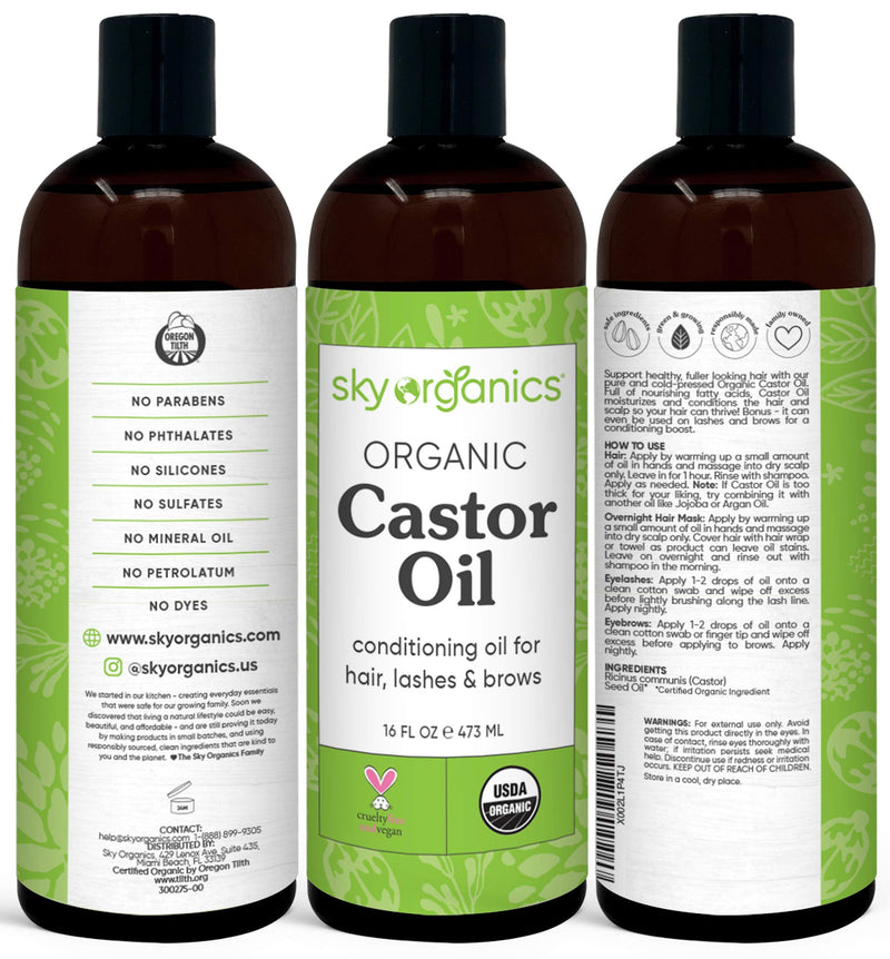 [Australia] - Castor Oil USDA Organic Cold-Pressed (16oz) 100% Pure Hexane-Free Castor Oil - Conditioning & Healing, For Dry Skin, Hair Growth - For Skin, Hair Care, Eyelashes - Caster Oil By Sky Organics 15.99 Fl Oz (Pack of 1) 