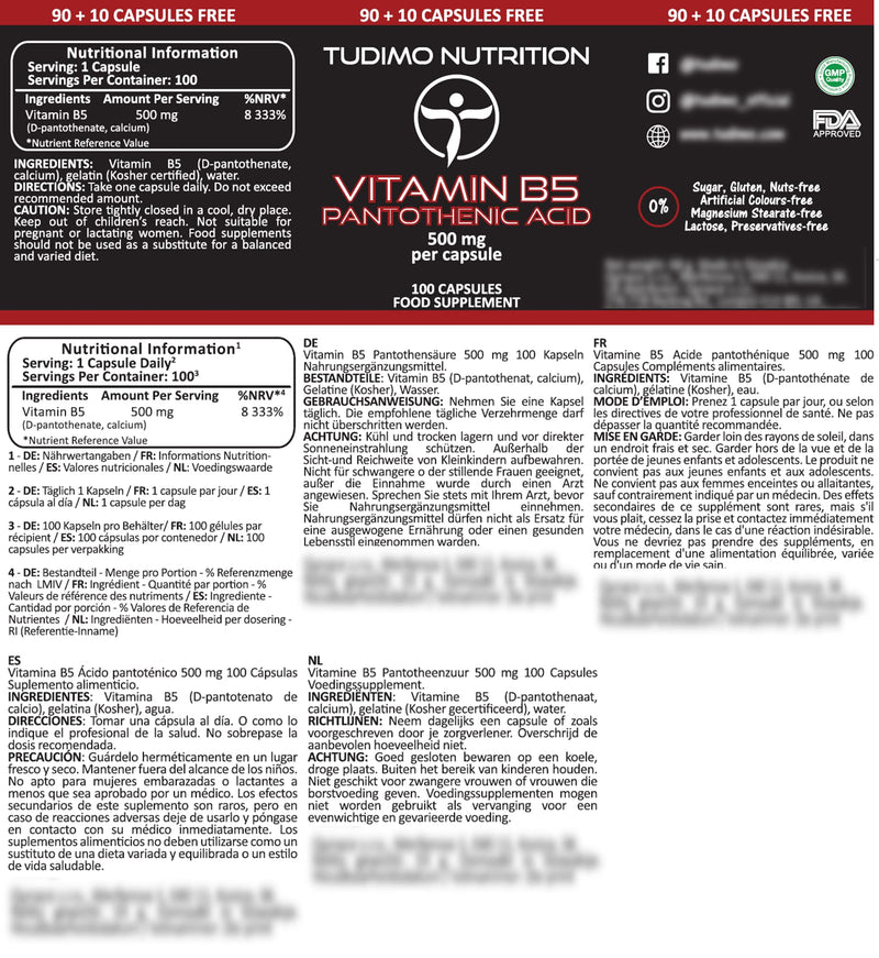 [Australia] - Vitamin B5 Pantothenic Acid 500mg Capsules - 100 pcs (3+ Month Supply) of Rapidly Disintegrating Capsules, Each with 500 mg of Premium Quality & Pure VIT B-5 Pantothenic Acid Powder 
