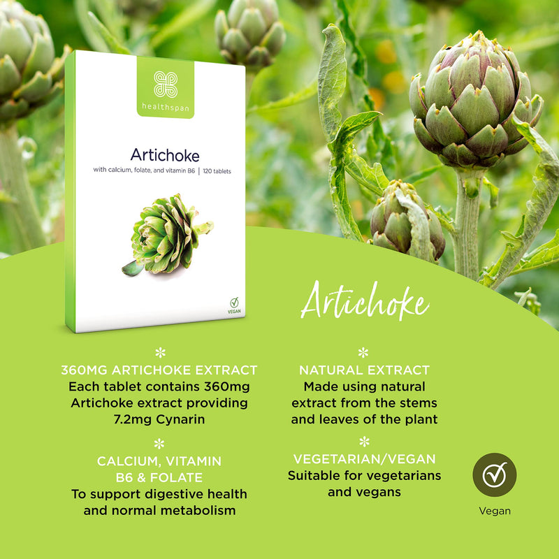[Australia] - Healthspan Artichoke Extract 360mg (120 Tablets) | High Strength Vegan Artichoke Tablets with 7.2mg of Cynarin | with Calcium, Folate & Vitamin B6 | Supports Digestive Health | Vegan 