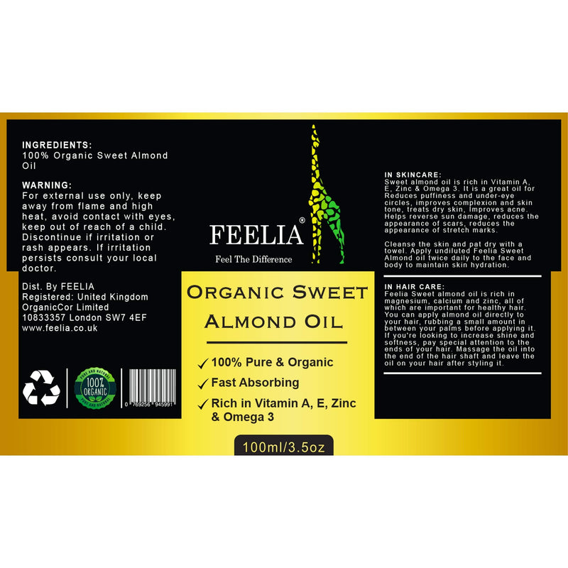 [Australia] - Feelia - Organic Sweet Almond Oil - Cold Pressed, Rich in Vitamins A, E, Zinc & Omega 3, Fast Absorbing, 100% Pure & Organic (100ml) 100 ml (Pack of 1) 