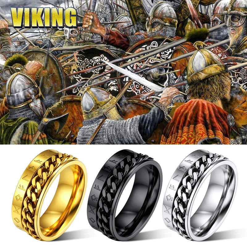 [Australia] - FaithHeart Norse Viking Runes Ring Stainless Steel/Gold Plated Rotatable Band Rings for Men Women- Can Personalized Engrave Rune & Cuban Chain-Black 7 