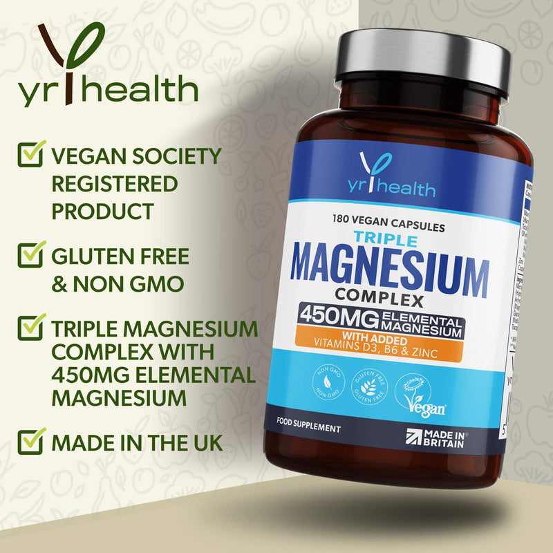 [Australia] - Vegan Magnesium Supplements with Zinc, 180 Capsules, Triple Magnesium Complex Supplement Plus Vitamin D, B6 & Copper, Vegan Society Registered, Made in The UK by YrHealth 