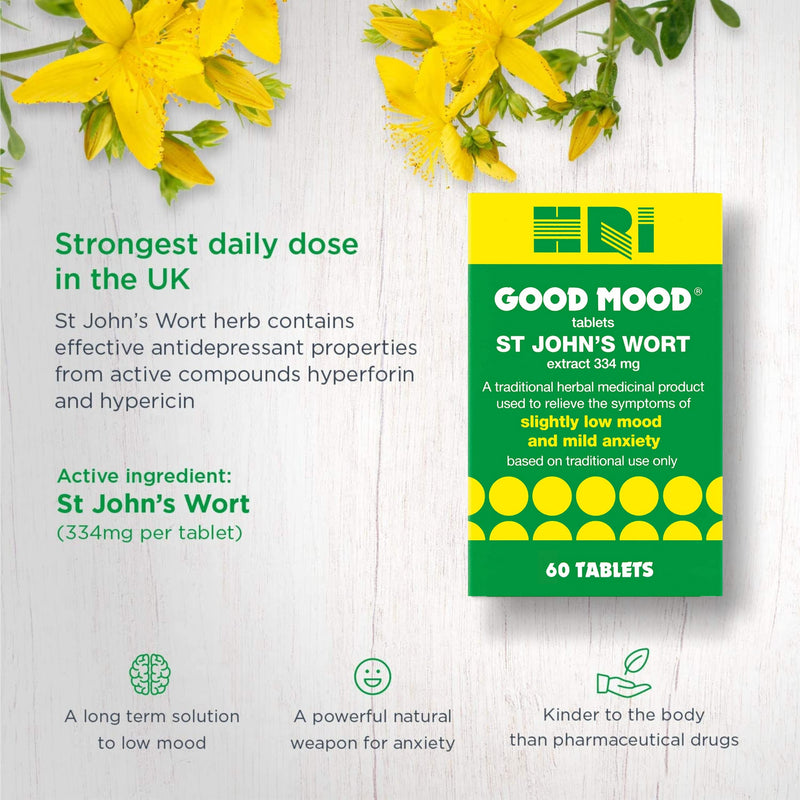 [Australia] - HRI Good Mood. 334 Milligrams St Johns Wort Tablets. Strongest Approved Dose on The UK Market - to Relieve The Symptoms of Slightly Low Mood and Mild Anxiety Relief. 60 Tablets 60 Count (Pack of 1) 