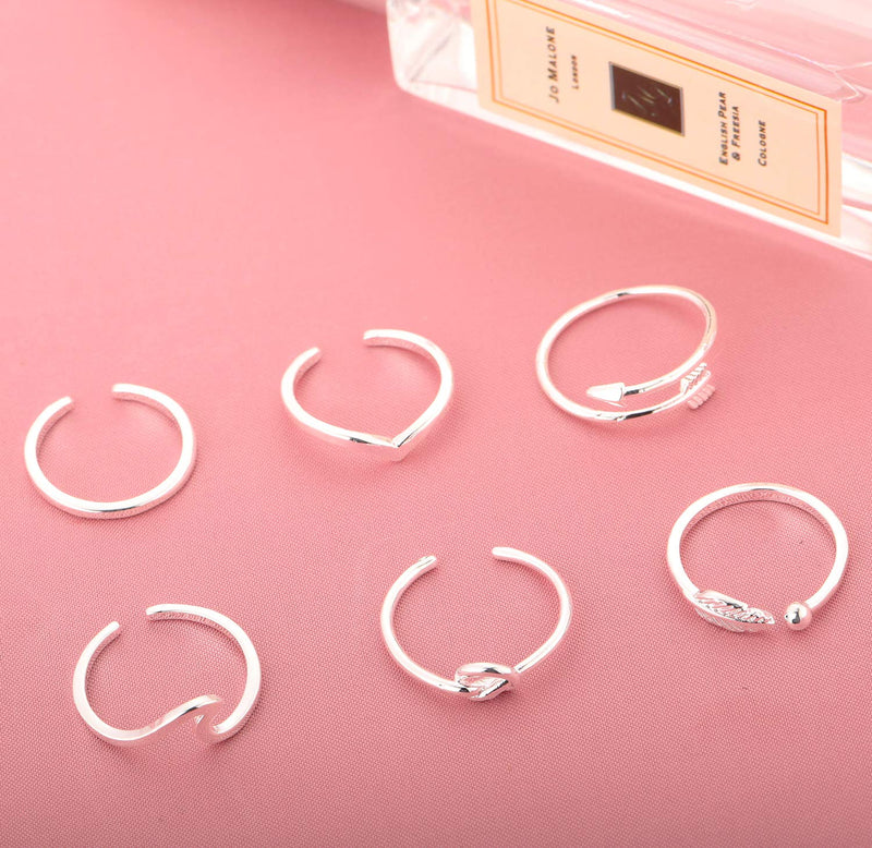 [Australia] - FUNEIA 6PCS Arrow Knot Wave Rings for Women Adjustable Stackable Thumb Open Rings Set A:Silver 