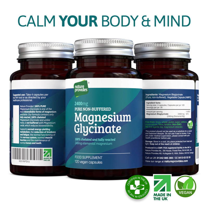 [Australia] - Magnesium Glycinate (Bisglycinate) 2,400mg, 120 Vegan Capsules, 100% Pure, Non-buffered, Chelated and Highly Bioavailable. Made in The UK. No fillers or Flow Agents. 