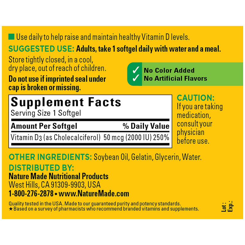 [Australia] - Nature Made Vitamin D3, 250 Softgels, Vitamin D 2000 IU (50 mcg) Helps Support Immune Health, Strong Bones and Teeth, & Muscle Function, 250% of the Daily Value for Vitamin D in One Daily Softgel 250 Count (Pack of 1) 