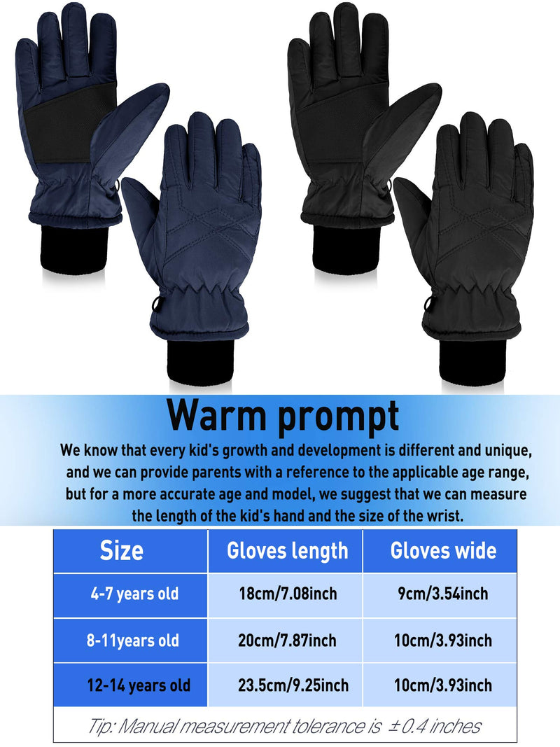 [Australia] - 2 Pairs Kids Winter Gloves Waterproof Ski Gloves Child Snow Warm Gloves Mittens Black, Navy Blue 4-7 Years 