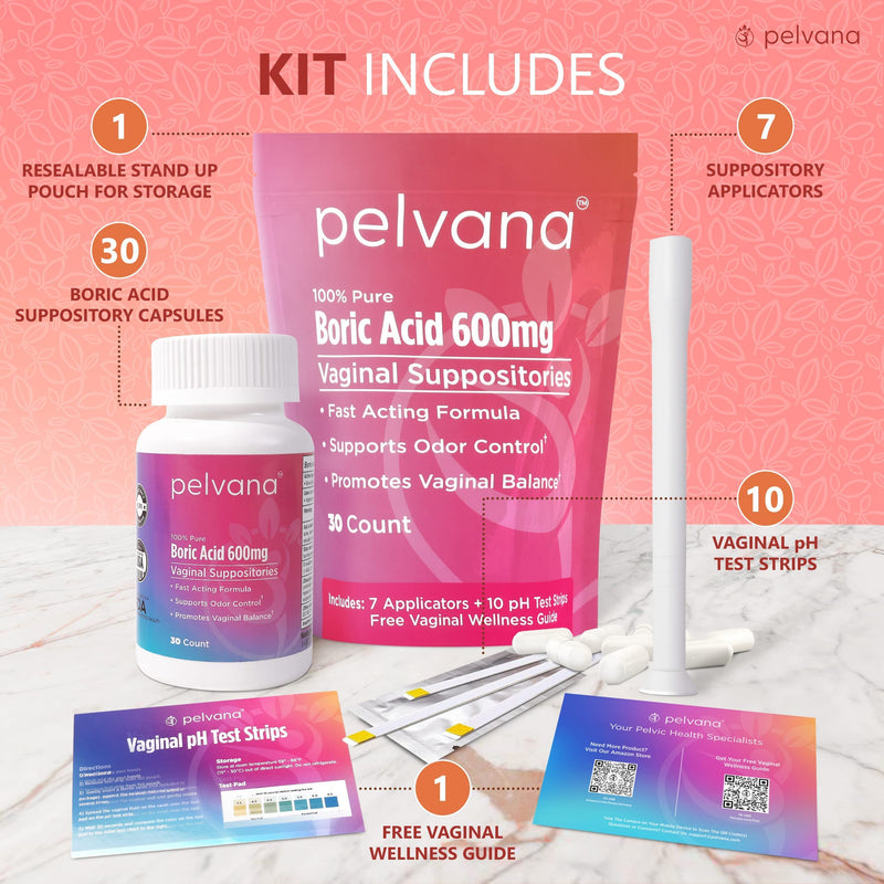 [Australia] - Pelvana Boric Acid Suppositories 30 + 7 Applicators + 10 pH Test Strips = 47 Piece Kit for Vaginal pH Balance, Odor, Itching, Dryness & Discharge 47 Piece Set 