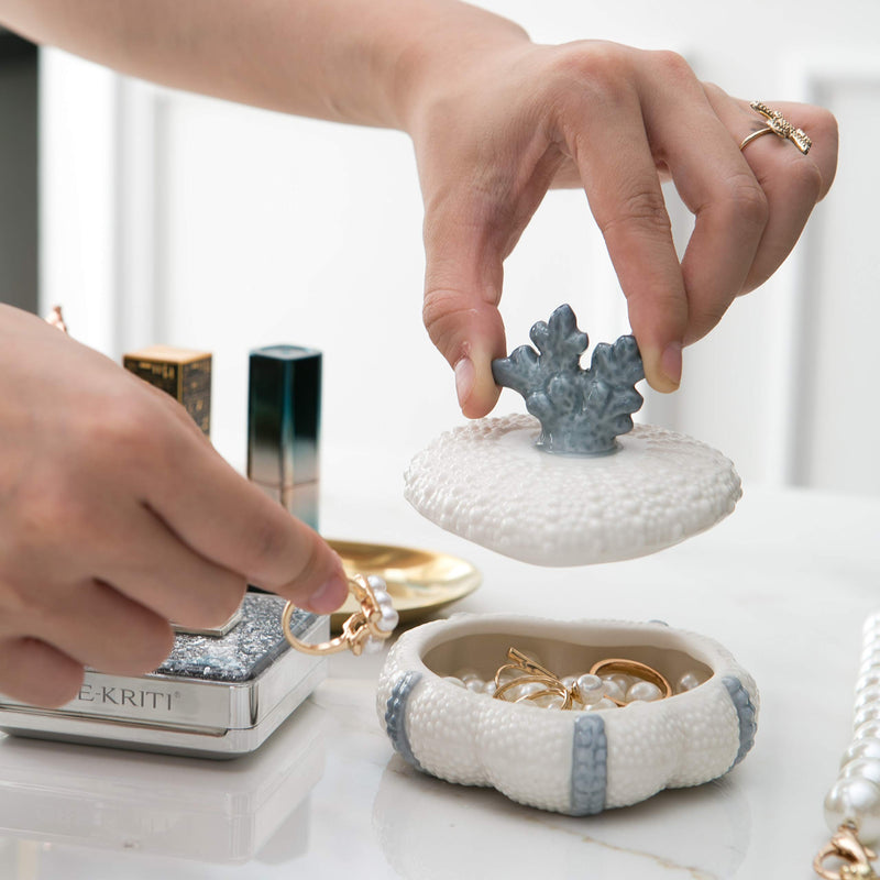 [Australia] - Ceramic Jewelry Case Trinket Ring Holder Jewelry Box with Removable Blue Coral Lid - Perfect for Wedding Anniversary, Birthday, Bridal Gift & Bathroom, Dresser, Night Stand. 