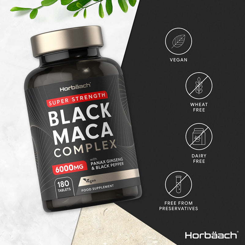 [Australia] - Maca Root Capsules 6000mg | High Strength | Black Maca Complex | with Black Maca, Panax Ginseng, Yellow Maca & Black Pepper | 180 Vegan Tablets | by Horbaach 