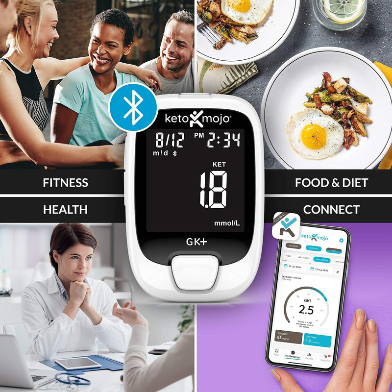 [Australia] - KETO-MOJO GK+ Bluetooth Glucose & Ketone Testing Kit + Free APP for Ketosis & Diabetes Management. 20 Blood Test Strips (10 Each), Meter, 20 Lancets, Lancing Device, and Control Solutions 