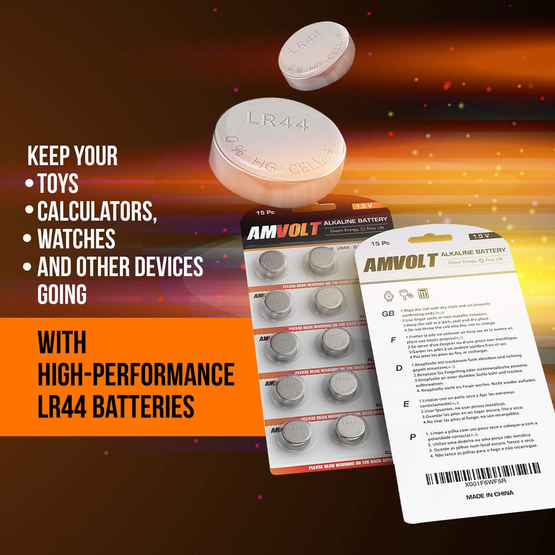 [Australia] - 15 Pack LR44 AG13 A76 Battery - [Ultra Power] Premium Alkaline 1.5 Volt Non Rechargeable Round Button Cell Batteries for Watches Clocks Remotes Games Controllers Toys & Electronic Devices (15 Pack) 