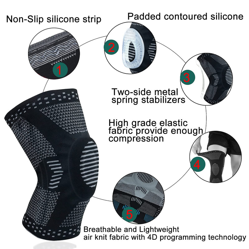 [Australia] - HOPEFORTH Knee Compression Sleeve Brace Support for Knee Pain Men Women with Patella Gel Pads & Side Stabilizers Black Large 