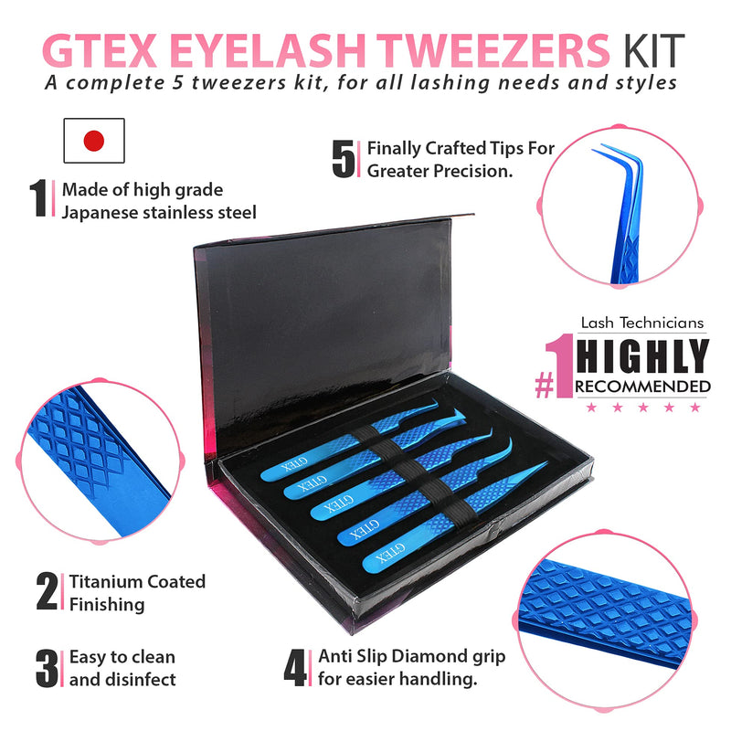 [Australia] - GTEX Lash Eyelash Extension Tweezers Set of 5, Japanese Stainless Steel Tools Straight Curved 45 90 Degree Angled Tip, Volume Tweezers Precision (Blue) Blue 