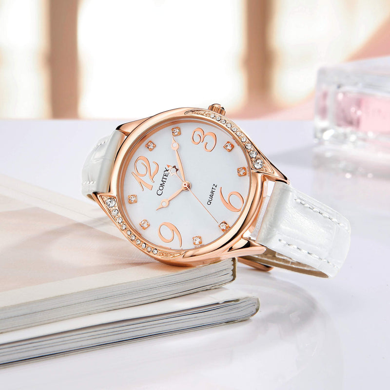 [Australia] - COMTEX Ladies Watches White Large Face Leather Rose Gold Tone White Leather Strap Fashion Watches A-rose Gold 