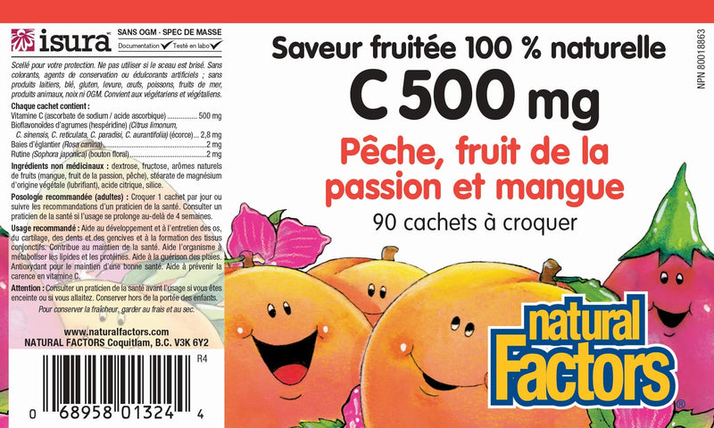 [Australia] - Natural Factors, Vitamin C 500 mg, Kids Chewable, Peach, Passionfruit, Mango, Vegan, Non-GMO, 90 wafers (90 servings) Peach, Passionfruit and Mango 90 Count (Pack of 1) Standard Packaging 