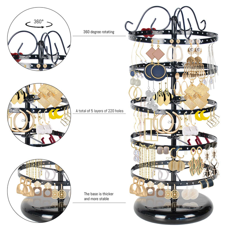 [Australia] - LASZOLA 5 Tiers 360° Rotating Earring Holder Organizer, 220 Holes Metal Necklace Bracelet Jewelry Display Rack Stand Tower - 14x6.3 Inch (Black) Black 
