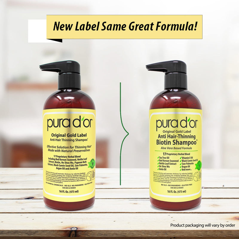 [Australia] - PURA D'OR Original Gold Label Anti-Thinning Biotin Shampoo (16oz) Argan Oil, Nettle Extract, Saw Palmetto, 17+ Herbal DHT Blockers, No Sulfates, Natural Preservatives, Men & Women (Packaging may vary) 