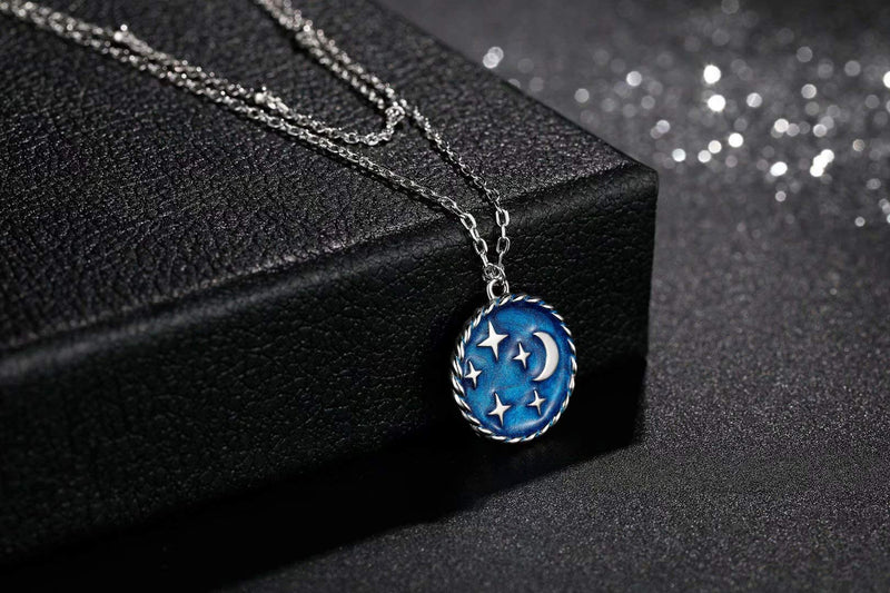[Australia] - Presentski Star Layered Chain Choker Necklace Sterling Silver Blue Starry Sky Star Moon Pendant Double Layer Necklaces for Women Girls 