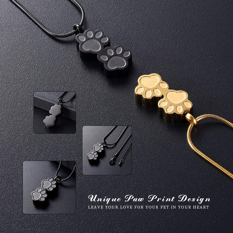 [Australia] - Stainless Steel Double Paw Print Urn Pendant Memorial Ash Keepsake Cremation Jewelry Black 