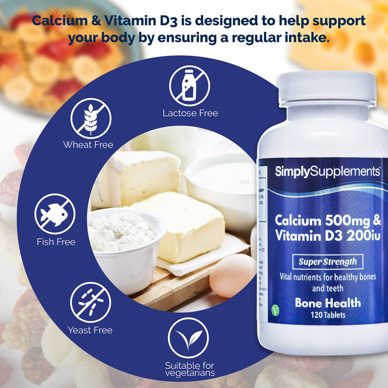 [Australia] - Calcium Tablets with Vitamin D | High Strength Supplements for Bones & Teeth | Vegetarian Friendly | 500mg of Calcium and 200iu of Vitamin D3 | 120 Tablets = 3 Month Supply | Manufactured in The UK 
