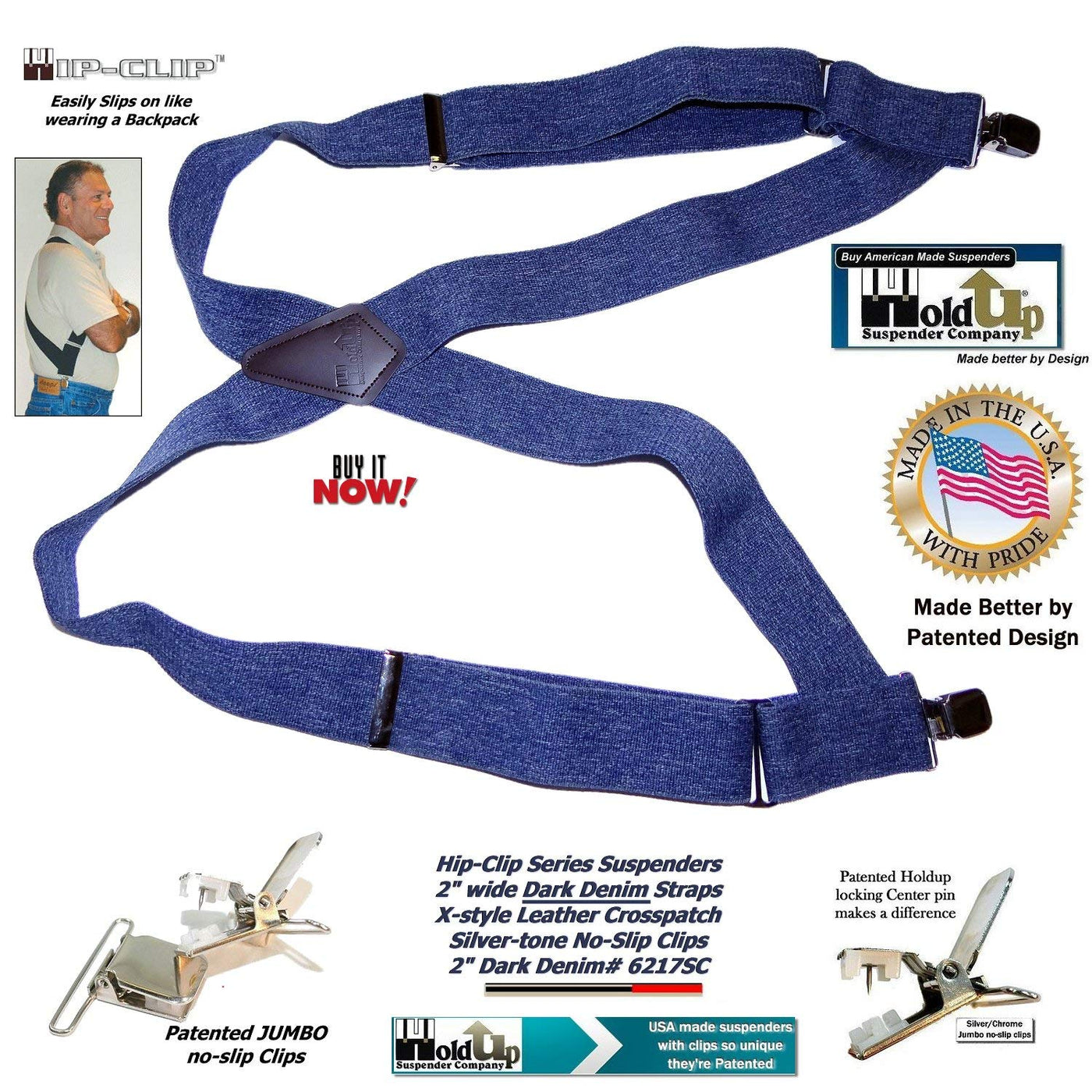 Jumbo Holdup Patented No-Slip Suspender Center Pin Type Clips