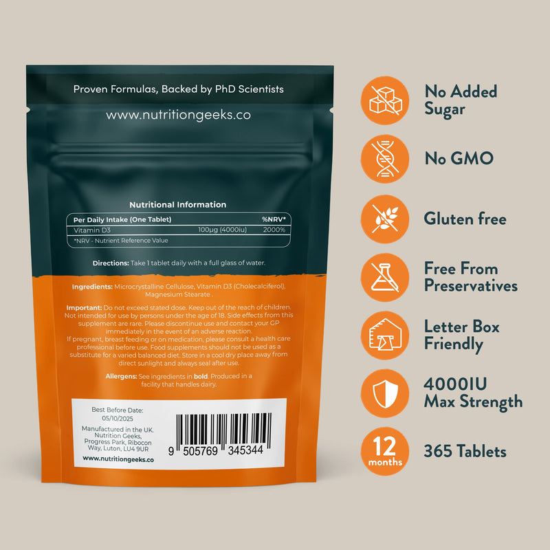 [Australia] - Vegetarian Vitamin D3 4000 iu - 1 Year Supply, 365 Easy-Swallow High Strength Vitamin D Supplement Tablets - UK Made VIT D & D3 Vitamins Awarded by The Independent 