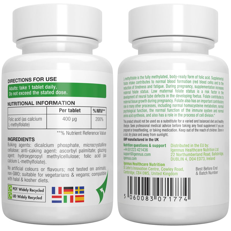 [Australia] - Pure Folate 400 mcg, 180 Small Tablets, Clean Ingredients & Vegan, Active Form of Folic Acid L-Methylfolate (Vitamin B9), Suitable for Pregnancy, One-a-Day, 180 Servings, by Igennus 