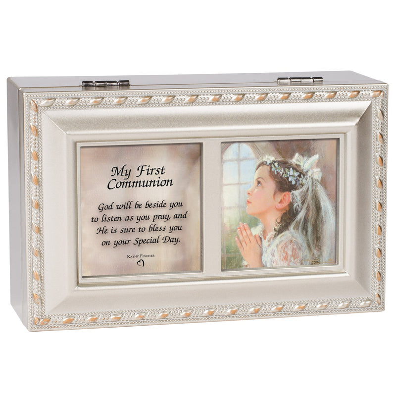 [Australia] - Cottage Garden First Communion God Beside You Brushed Silvertone Jewelry Music Box Plays Amazing Grace 