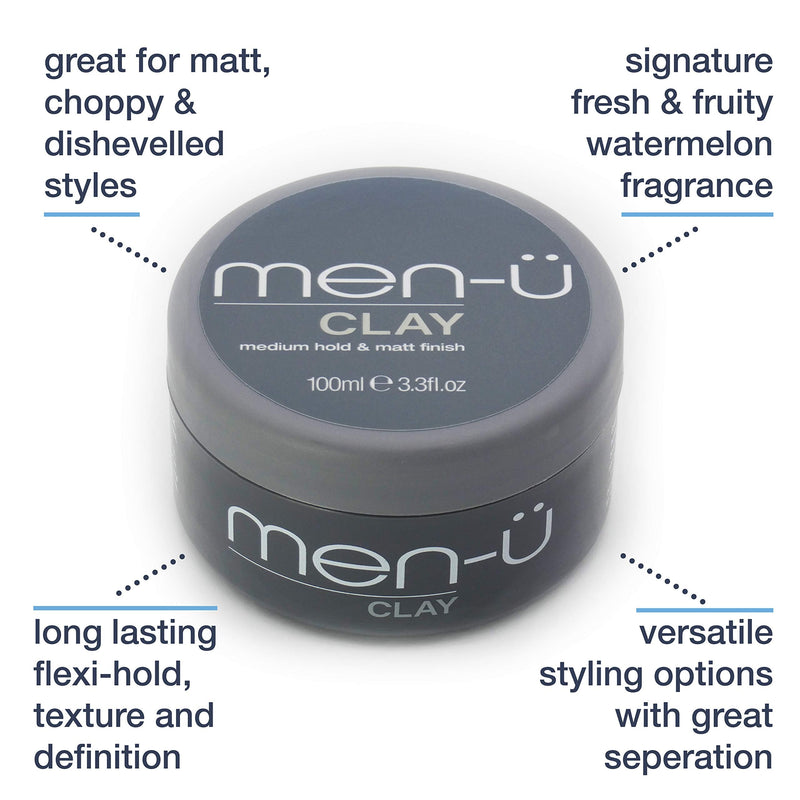 [Australia] - men-u hair CLAY 100ml, mens hair products ‚Äì Great for matt, choppy and dishevelled styles. SIGNATURE WATERMELON FRAGRANCE - Mens hair wax w/medium hold & matt finish. Single walled 100ml styling puck 