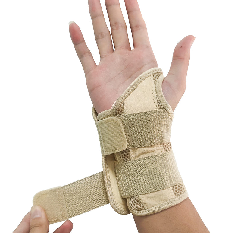 [Australia] - NuCamper Wrist Brace Carpal Tunnel Right Left Hand for Men Women, Night Wrist Sleep Supports Splints Arm Stabilizer with Compression Sleeve Adjustable Straps,for Tendonitis Arthritis Pain Relief (Right Hand-Beige, Small/Medium (Pack of 1)) 