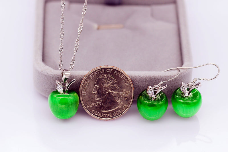 [Australia] - Uloveido Apple Necklace and Earrings Set for Women Girls Cute Apple Jewelry Set for Teacher Mom YL007 Dark Green 