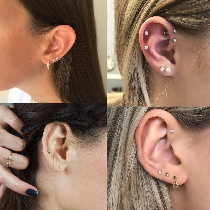 [Australia] - Sterling Silver Stud Earrings - 4 Pairs Small Silver Ball Earrings Triangle Stud Earrings Round CZ Earrings Bar Earrings Set Hypoallergenic Studs Cartilage 14K Earrings(3mm2&5mm2) 1Silver-4 pairs studs 