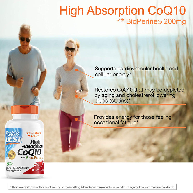 [Australia] - Doctor's Best High Absorption CoQ10 with BioPerine Gluten Free Naturally Fermented Vegan, Heart Health and Energy Production 200 mg 60 Veggie Caps, White 60 Count (Pack of 1) 