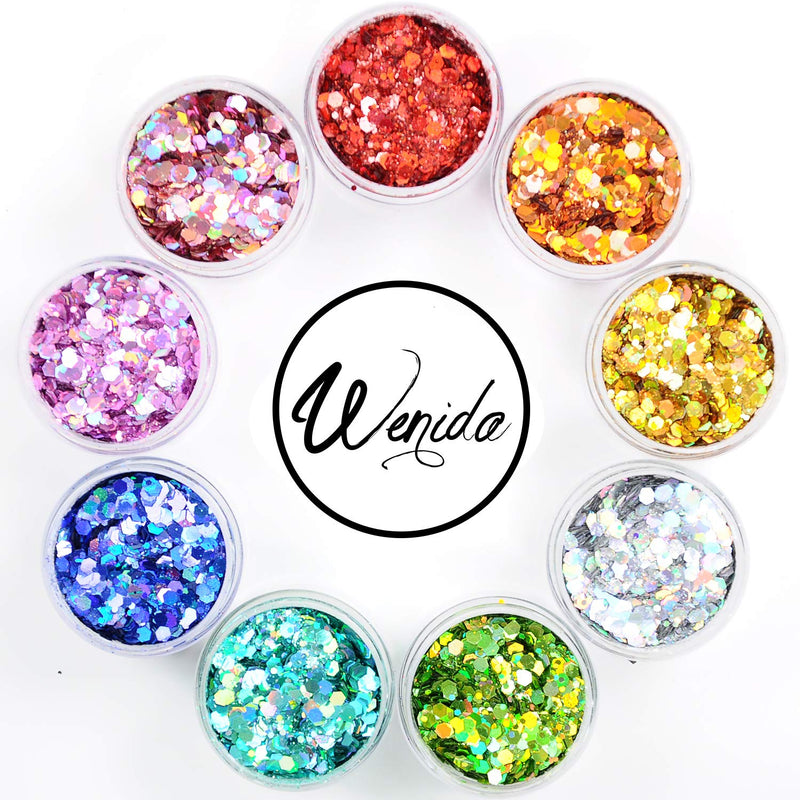 [Australia] - Body Glitter Wenida 9 Colors 190g Holographic Cosmetic Festival Makeup Chunky Powder for Nail Hair Eye Face 9 Bottle Color # 1 