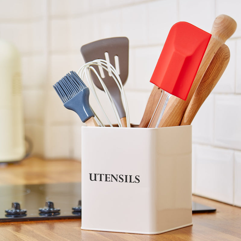 [Australia] - Andrew James Vintage Kitchen Utensil Holder Caddy | Large Retro Square Storage Holder Cream with Black Text | Vintage Style | 14cm x 14cm x 16.3cm 