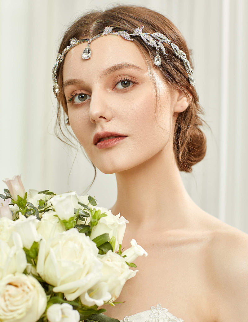 [Australia] - BABEYOND Elegant Rhinestone Leaf Wedding Bridal Bridesmaid Forehead Band Dangle Rhinestone Bridal Tiara Crown with Gift Box , Silver, One size 