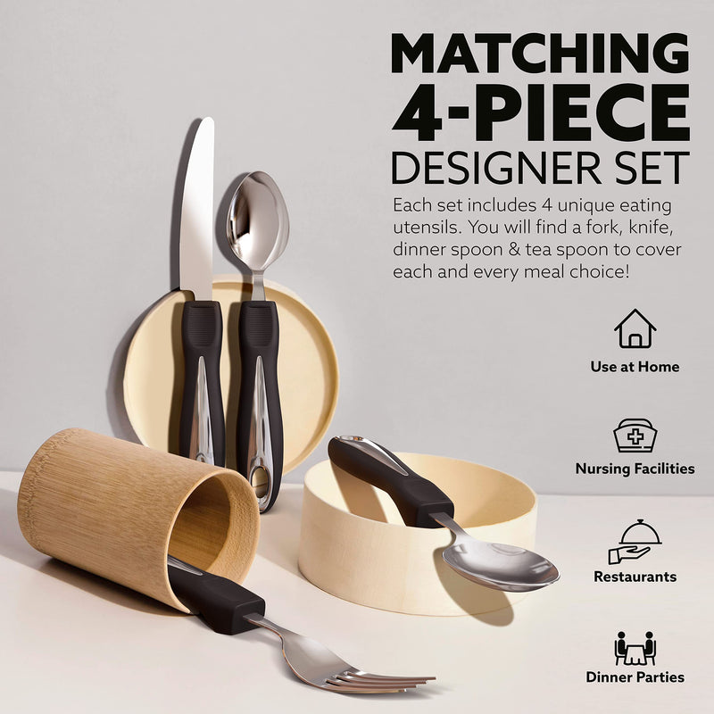 [Australia] - iMedic - Comfort Grips Cutlery - Disability Eating Aids - Great for The Elderly, Disabled or Those Suffering with Tremors and Trembling Hands - Ergonomic, Contoured Design - (1x Set, Silver/Black) Single 