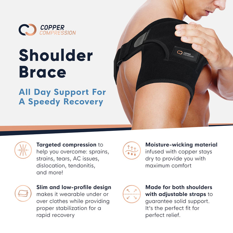 [Australia] - Copper Compression Shoulder Brace - Copper Infused Immobilizer & Support for Torn Rotator Cuff, AC Joint Pain Relief, Dislocation, Arm Stability, Injuries, & Tears - Adjustable Fit for Men & Women One Size (Pack of 1) 