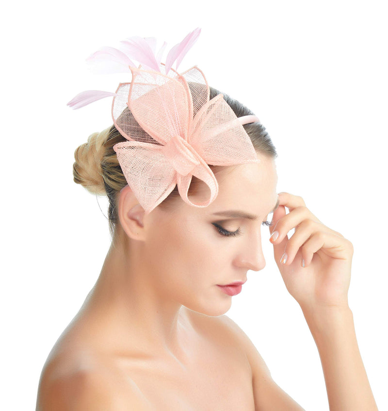 [Australia] - SACASUSA Feather Fascinator Cocktail Hat Linen Net Mesh Bow Formal Headband Pink 