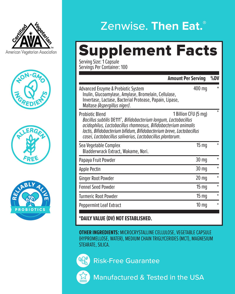 [Australia] - Zenwise Digestive Enzymes Probiotics and Prebiotics - Digestion and Bloating Relief for Women and Men, Lactose Absorption with Amylase & Bromelain, 100 Count 