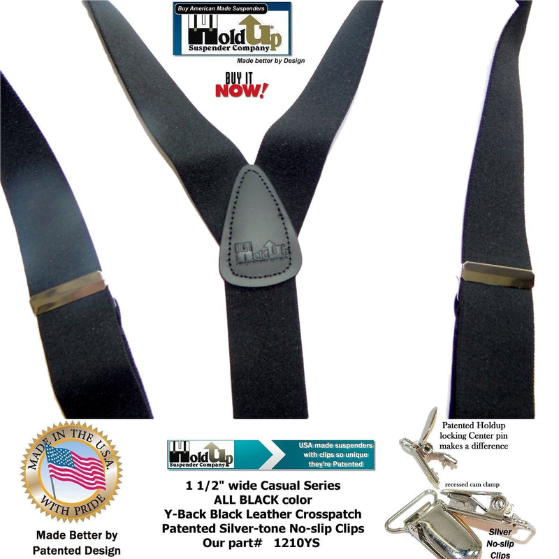 [Australia] - Holdup Suspender Company USA made All Black Casual Series Y-back Suspenders with Patented Silver-tone No-Slip clips 