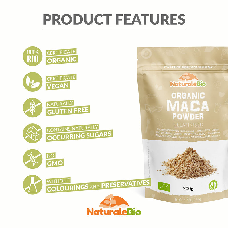 [Australia] - Organic Maca Powder 200g. Peruvian, Natural and Pure, from Organic Maca Root. Vegetarian and Vegan Friendly - Gelatinised - NaturaleBio 200 g (Pack of 1) 