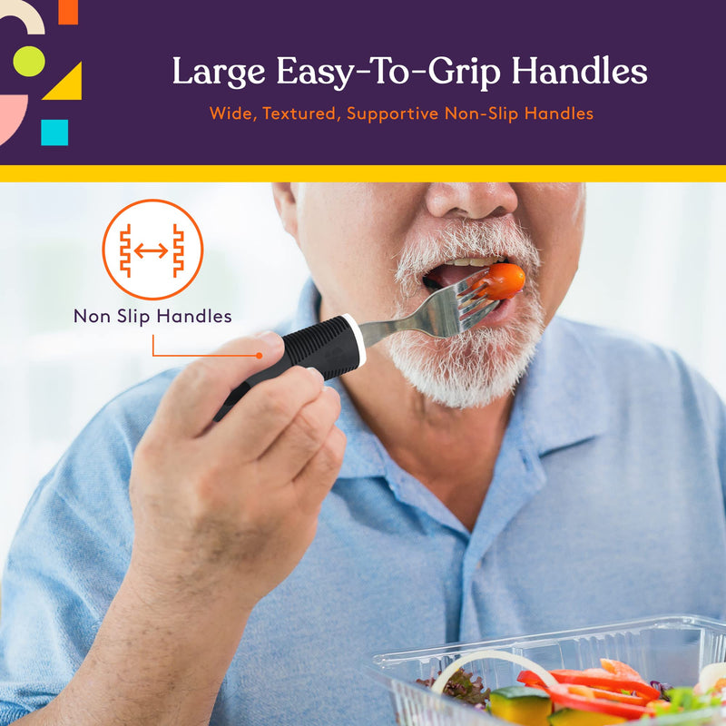 [Australia] - Special Supplies Adaptive Utensils (5-Piece Kitchen Set) Wide, Non-Weighted, Non-Slip Handles for Hand Tremors, Arthritis, Parkinson’s or Elderly use - Stainless Steel Knives, Fork, Spoons - Black 