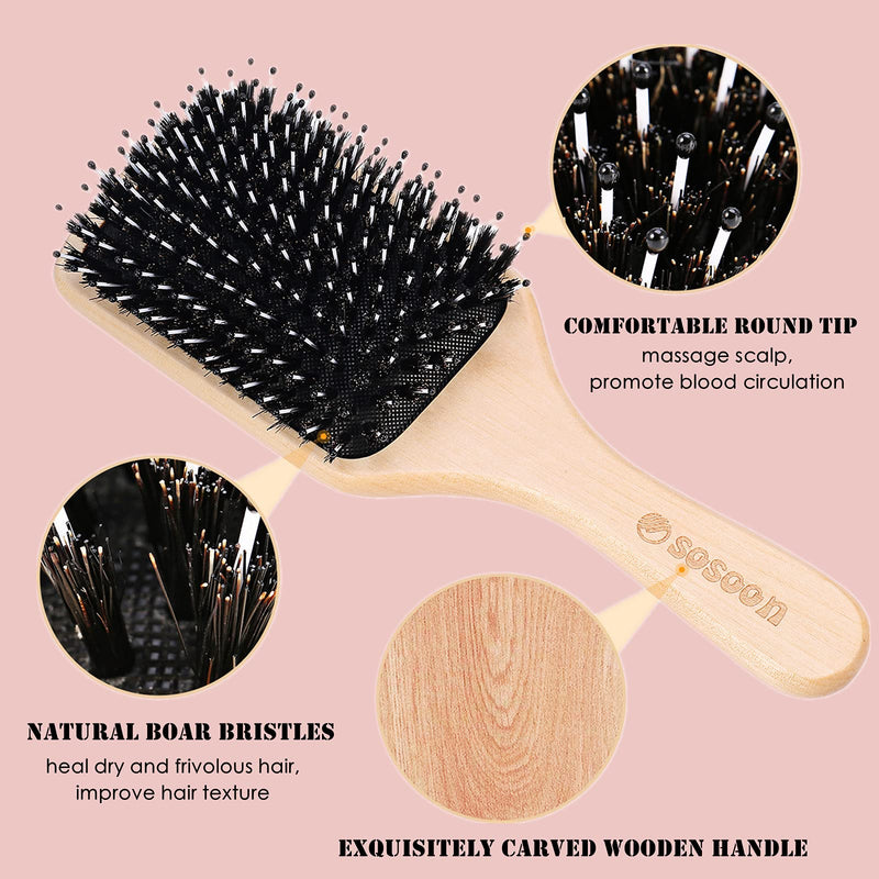 [Australia] - Hair Brush, Sosoon Boar Bristle Paddle Hairbrush for Long Thick Curly Wavy Dry or Damaged Hair, Reducing Hair Breakage and Frizzy No More Tangle, Giftbox & Hair Comb Included 1 Count (Pack of 1) 