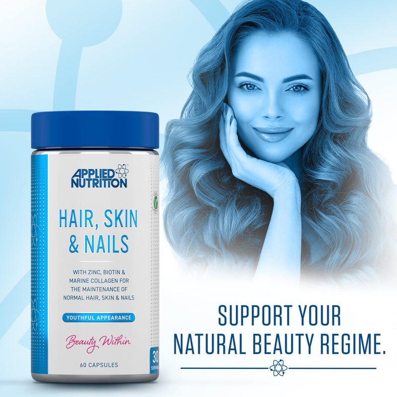 [Australia] - Applied Nutrition Hair, Skin, Nails - Biotin & Marine Collagen for Healthy Hair Growth, Skin & Nails Supplement with 10000 mcg Biotin (60 Capsules - 30 Servings) 