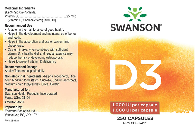 [Australia] - Swanson Vitamin D-3 1000 IU Bone Health Immune Support Healthy Muscle Function D3 Supplement (cholecalciferol) 25 mcg 250 Capsules (Caps) 