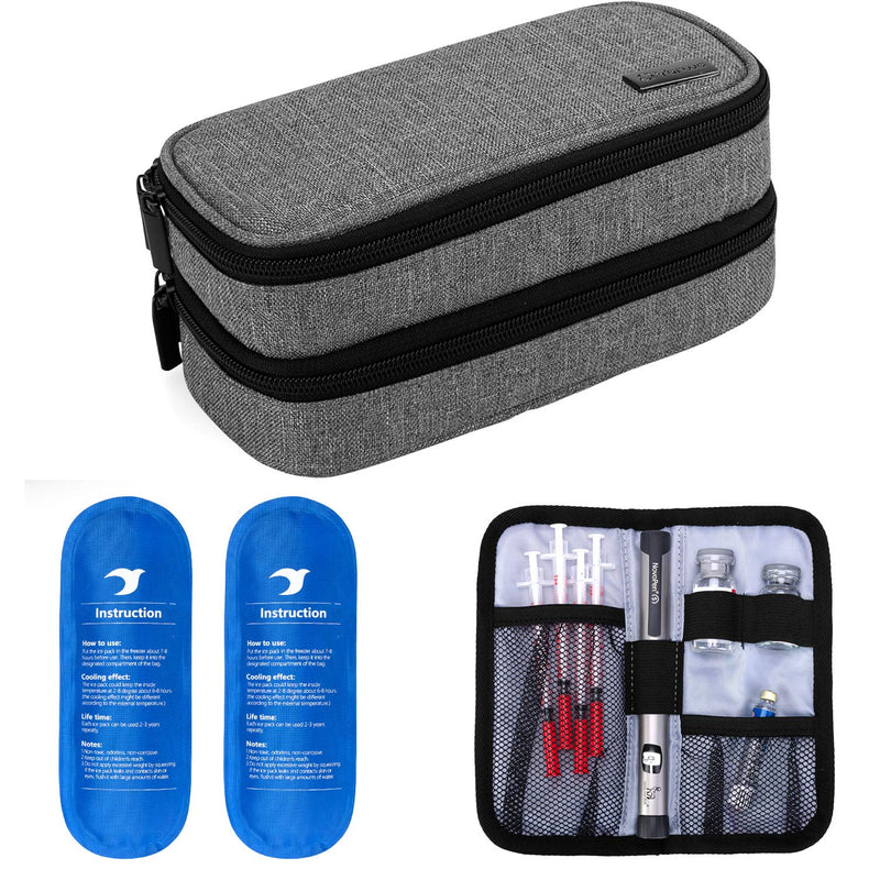 [Australia] - YARWO Insulin Cooler Travel Case with 6 Ice Packs, Double Layers in Different Size Diabetic Supplies Organizer for Insulin Pens, Blood Glucose Monitors or Other Diabetes Care Accessories, Gray 