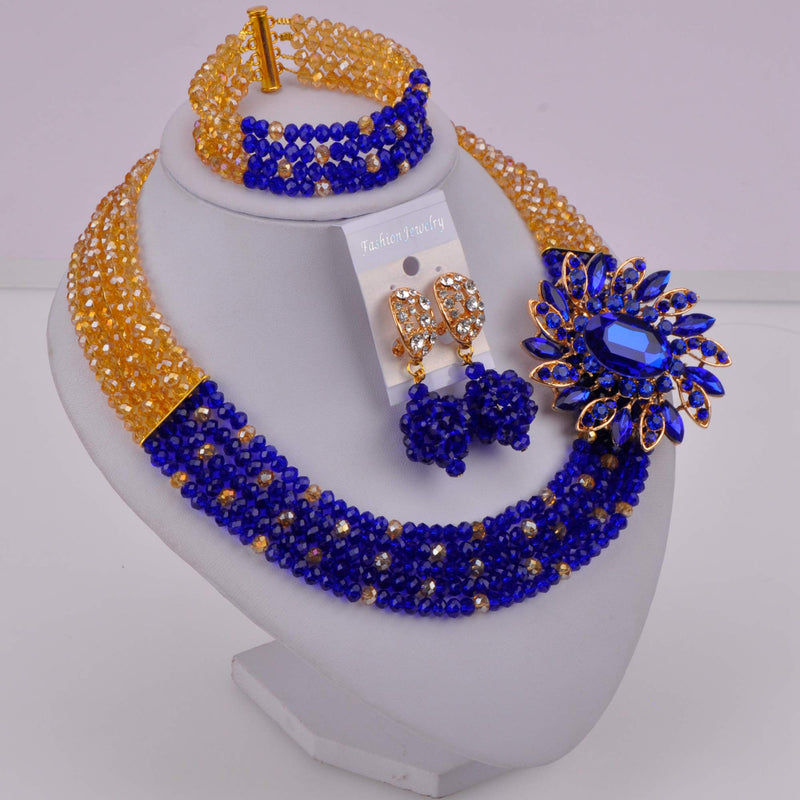 [Australia] - aczuv 5 Rows Women's Fashion African Beads Nigerian Necklace Bridal Wedding Jewelry Sets Gold AB Royal Blue 